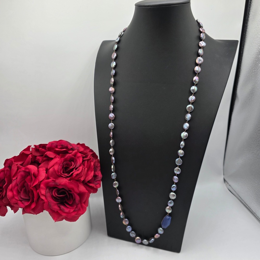 Hand Knotted Iridescent Peacock Coin Pearl Necklace Blue Faceted Stone 34 Inch